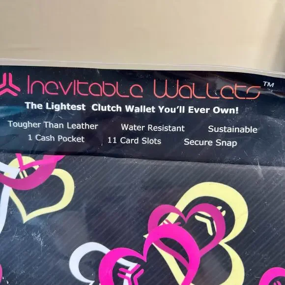 Amaranth Inevitable Wallet Clutch Heart Print Tyvek Water Resistant Black Pink - Picture 8 of 8